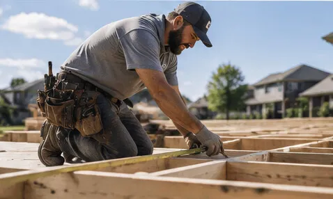 Carpenter kneeling on floor joists with a tape measure on a sunny jobsite