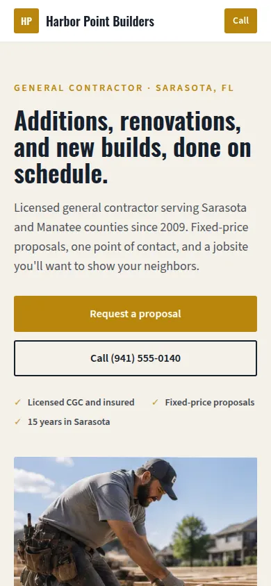 Harbor Point Builders website, mobile
