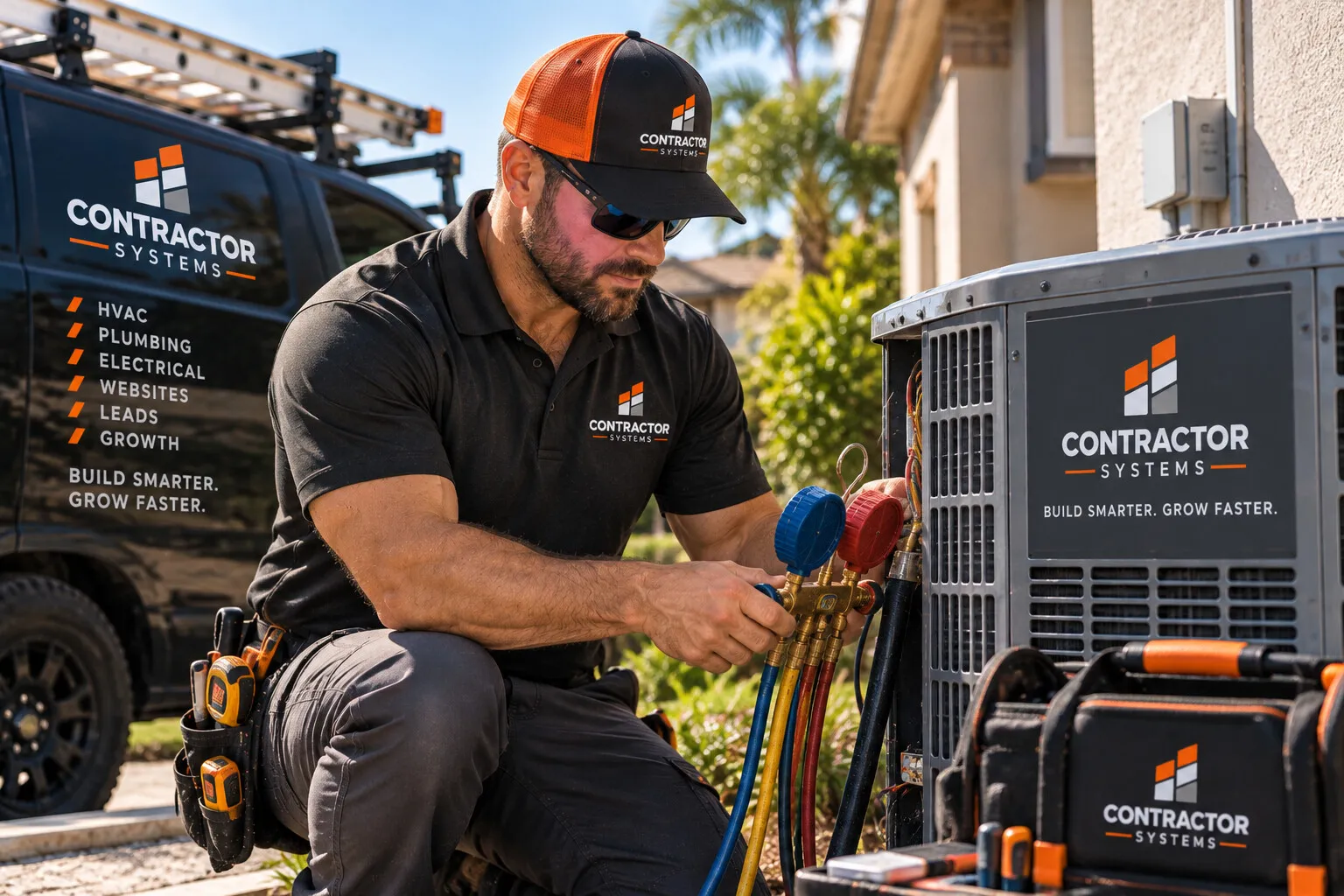 HVAC technician in Contractor Systems gear reading gauges on an outdoor AC unit, with a branded van behind him