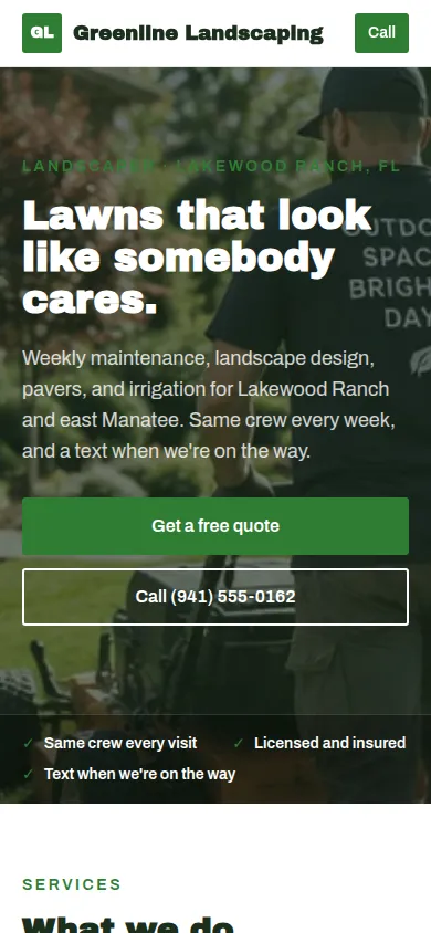 Greenline Landscaping website, mobile