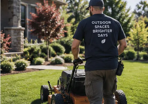 Landscaper pushing a mower across a manicured front lawn