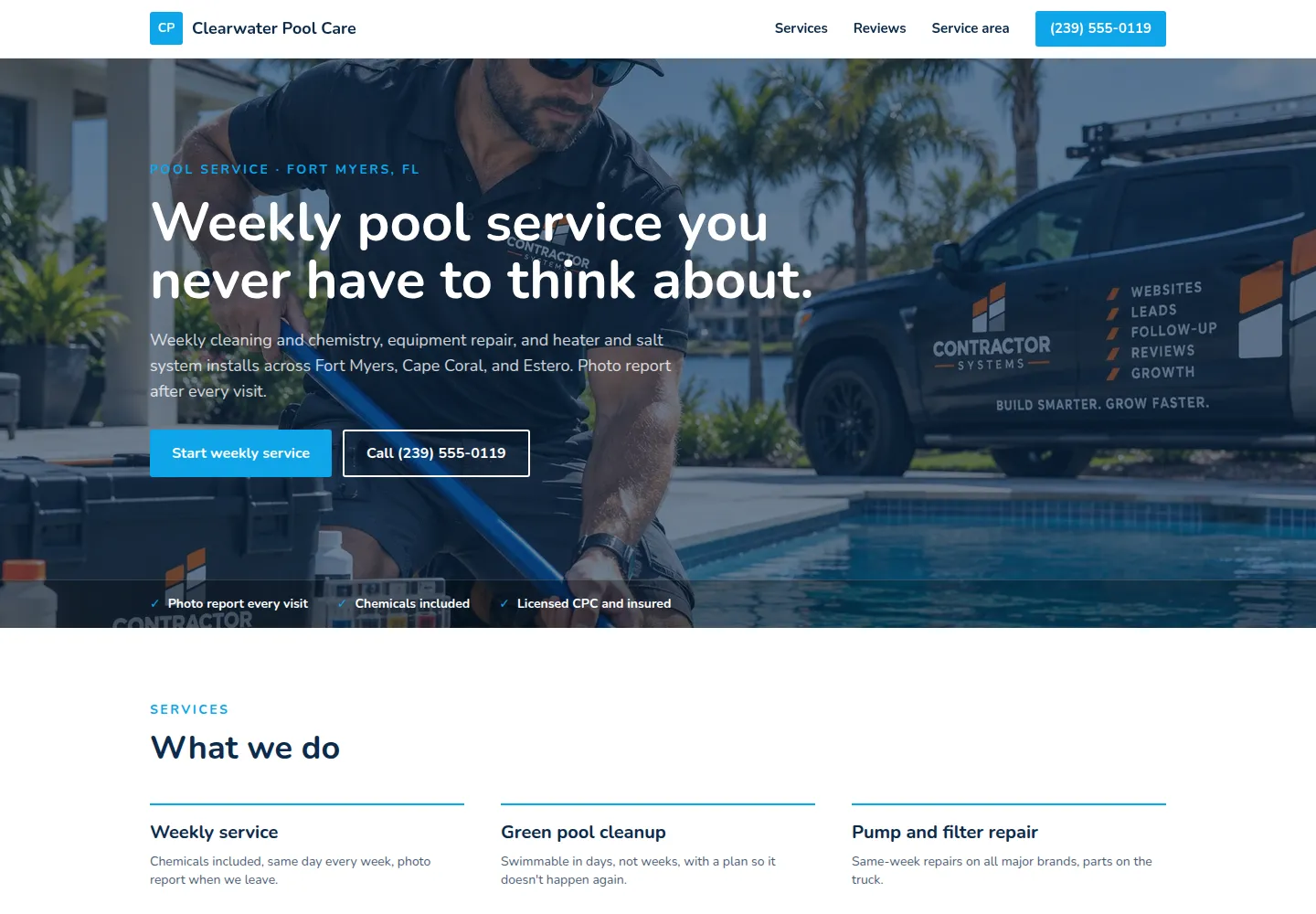 Clearwater Pool Care website, desktop