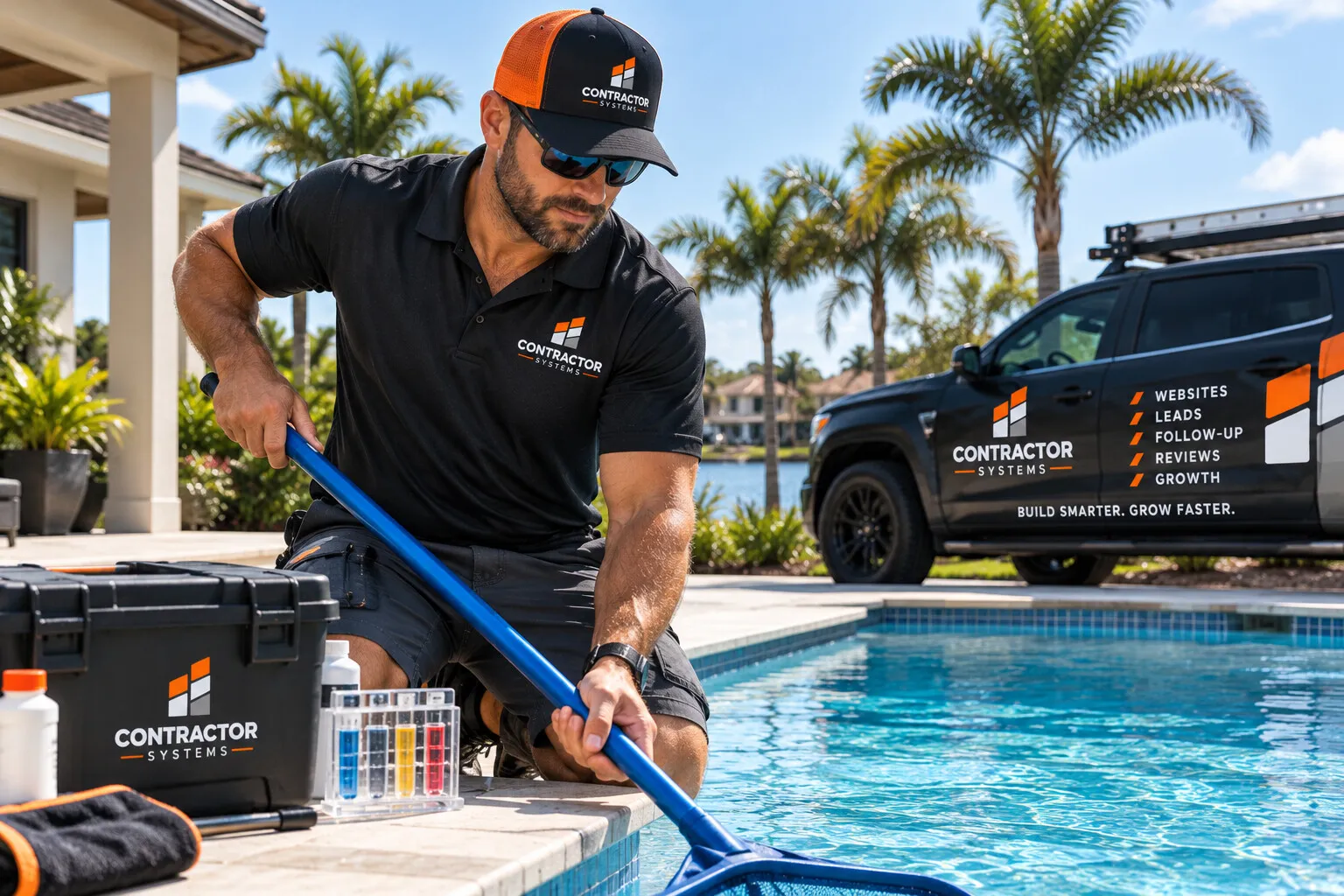 Pool technician in Contractor Systems gear skimming a backyard pool, with a branded truck parked behind him