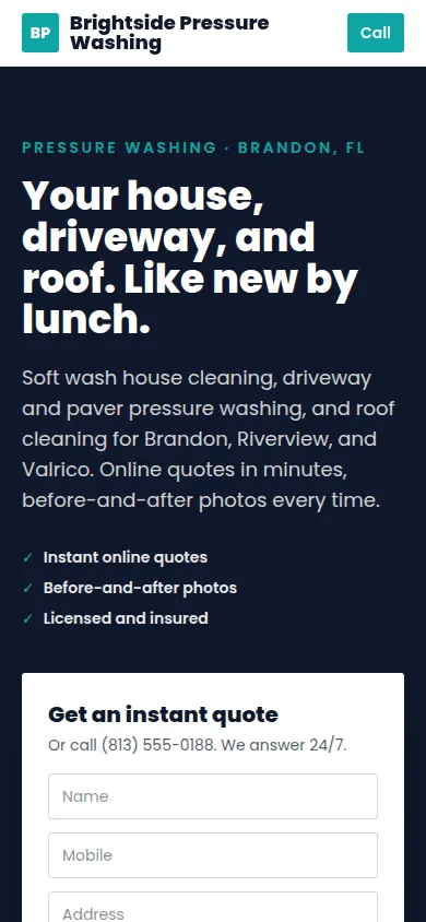 Brightside Pressure Washing website, mobile