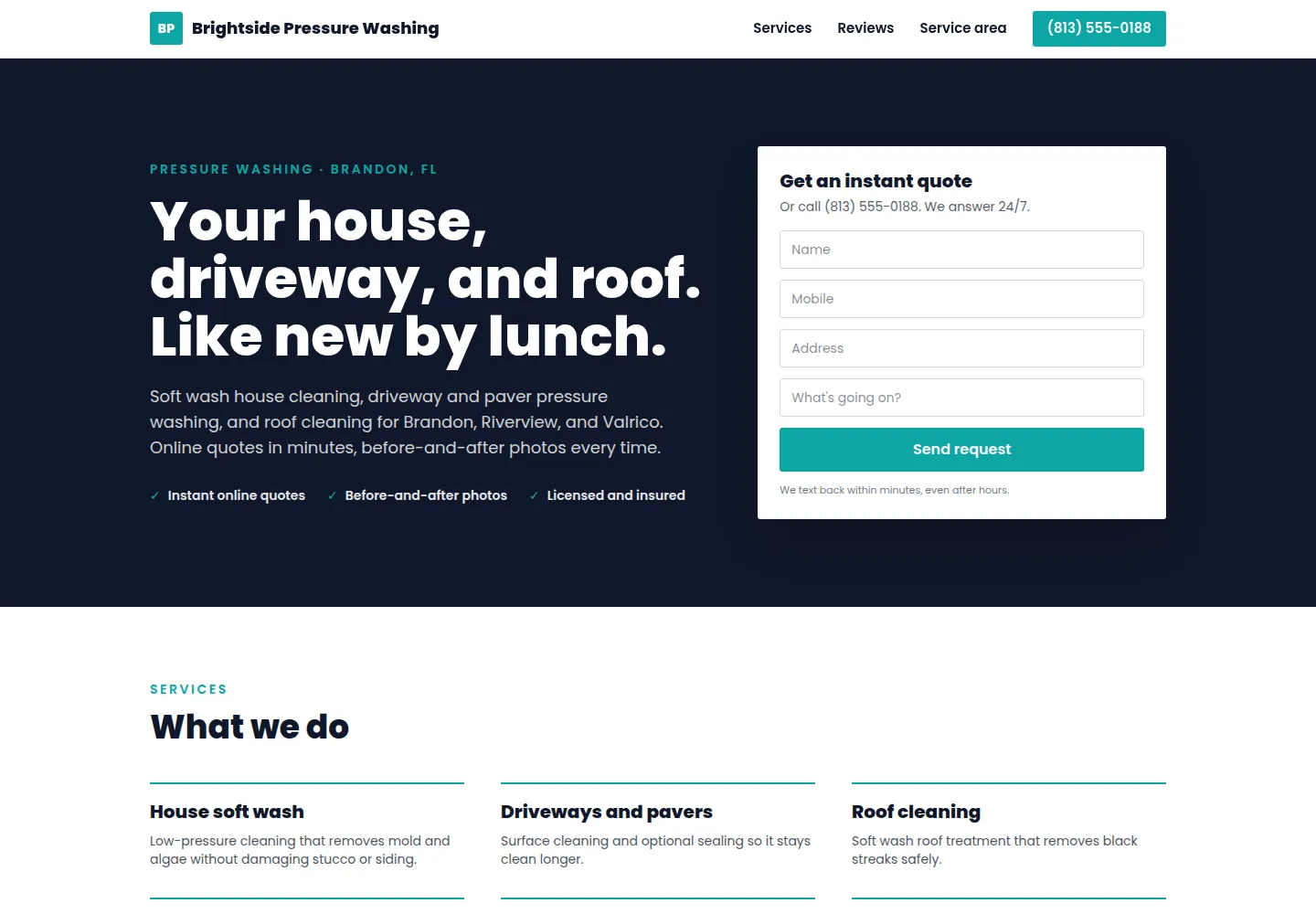 Brightside Pressure Washing website, desktop