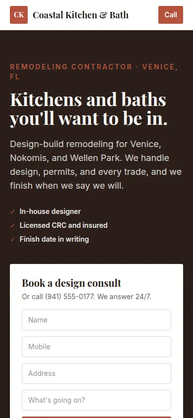 Coastal Kitchen & Bath website, mobile